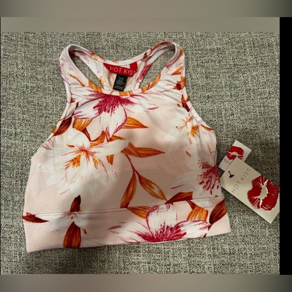 Hot Kiss Tropical Pink Floral Sports Tank Top Athletic Sports Bra Sz Large - Picture 2 of 10